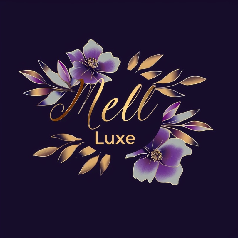 Mell Luxe gold and purple floral identity