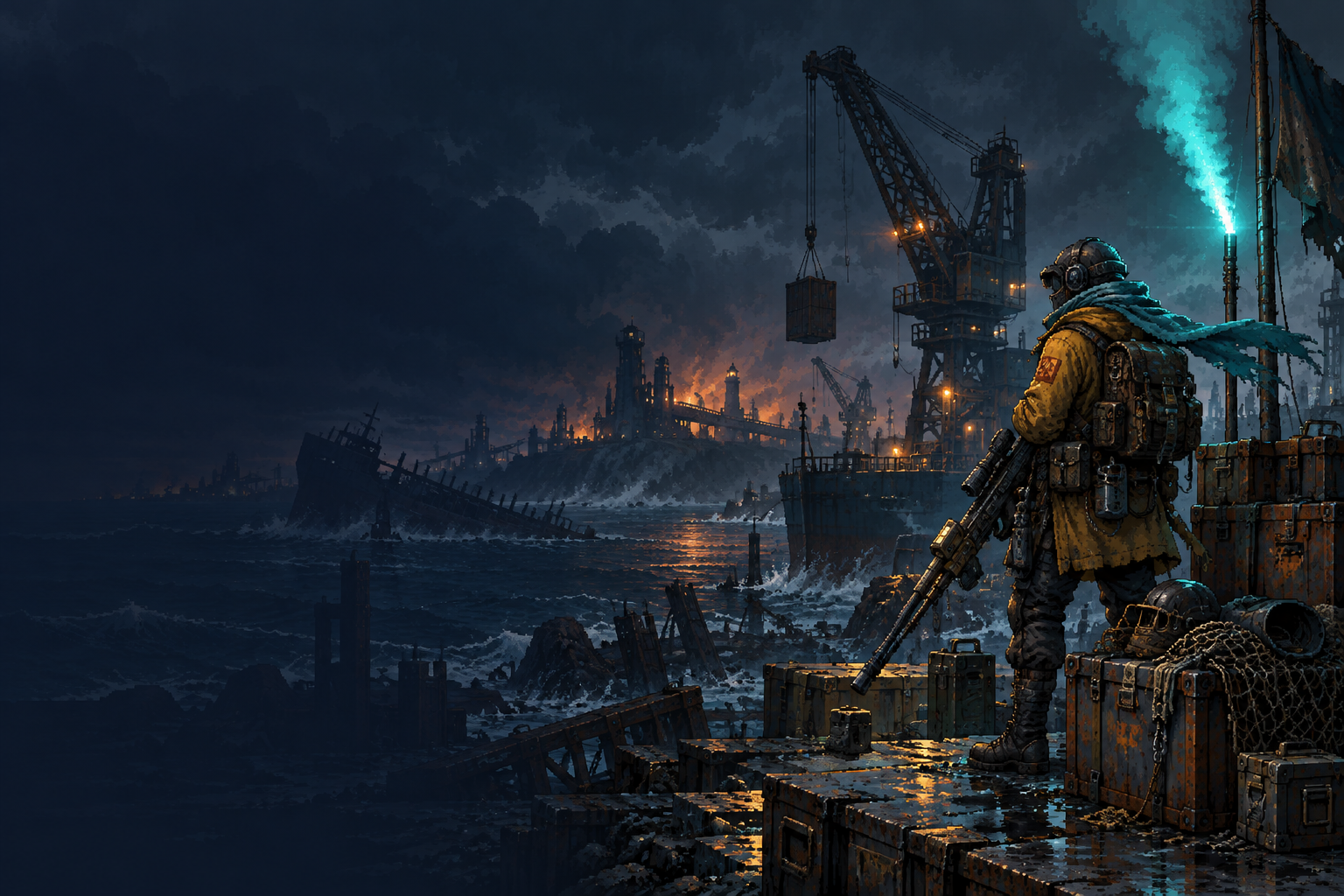 An armored scavenger watches a stormy industrial salvage coast.